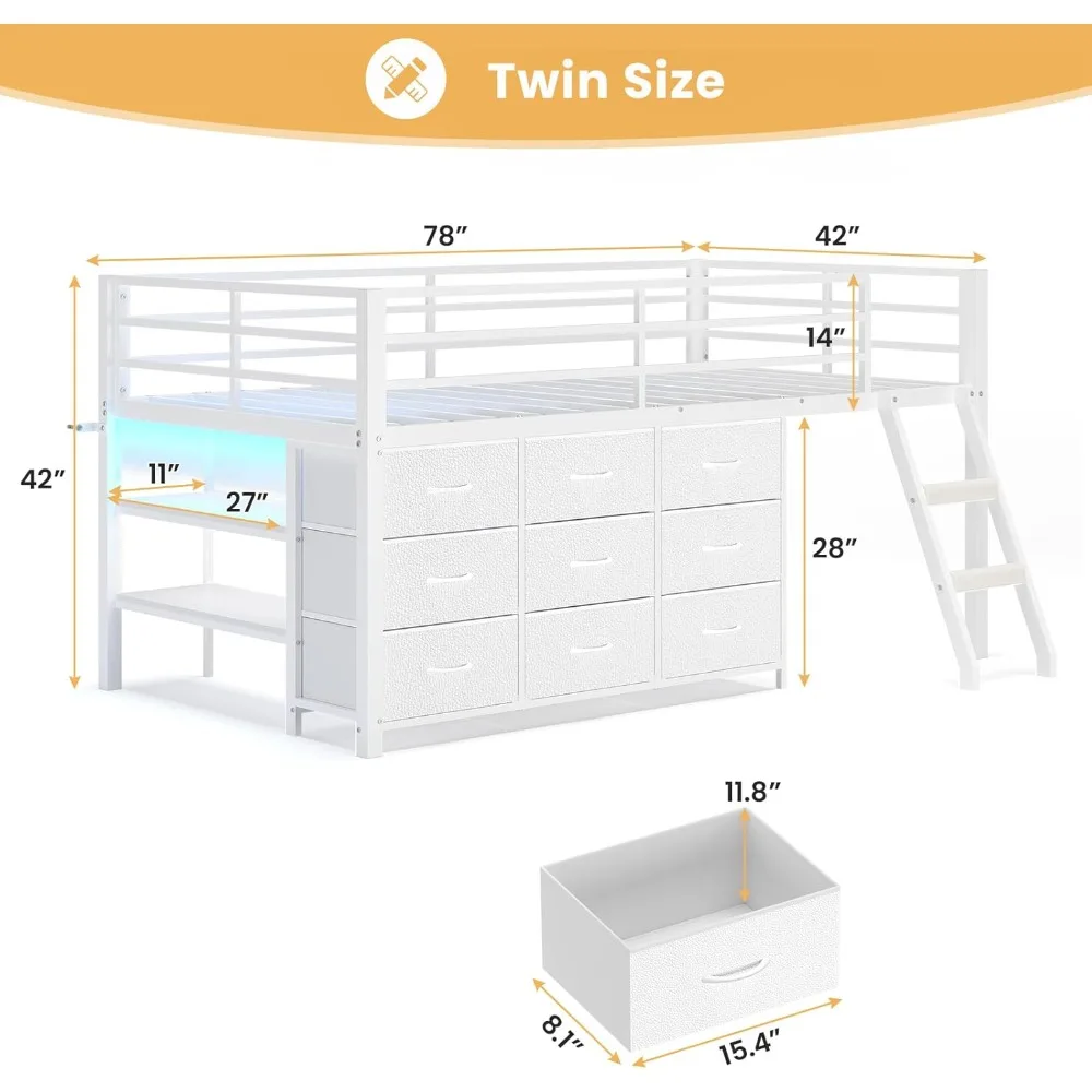 เตียงสองชั้นสำหรับเด็ก, เตียงสองชั้นขนาดเล็กพร้อมตู้เก็บของ 9 ช่อง, ไฟ LED, ชั้นวางของ 2 ชั้นและบันได, โครงโลหะสีขาว