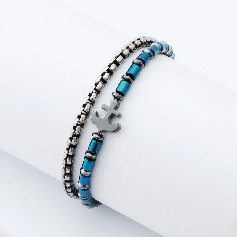 High Quality Natural Stone Anchor Rudder Pendant Bracelet 316L Stainless Steel Jewelry Hematite Bead Bracelet for Women Men