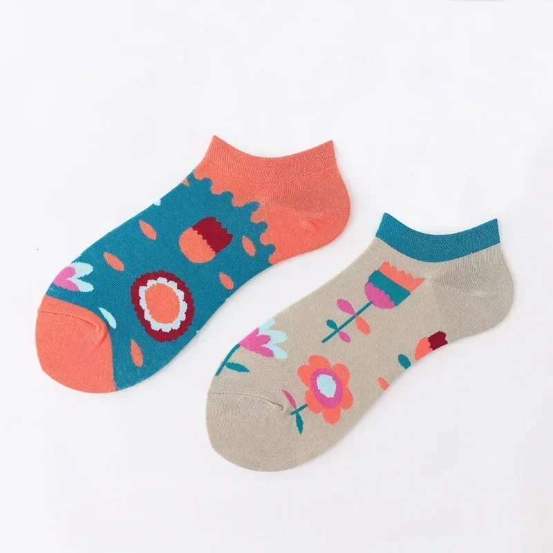 Women\'s Cartoon Colorful Sports Cotton Socks Men Women Socks Low Cut SoxAsymmetric AB Socks Ins Animal and Plant Ankle