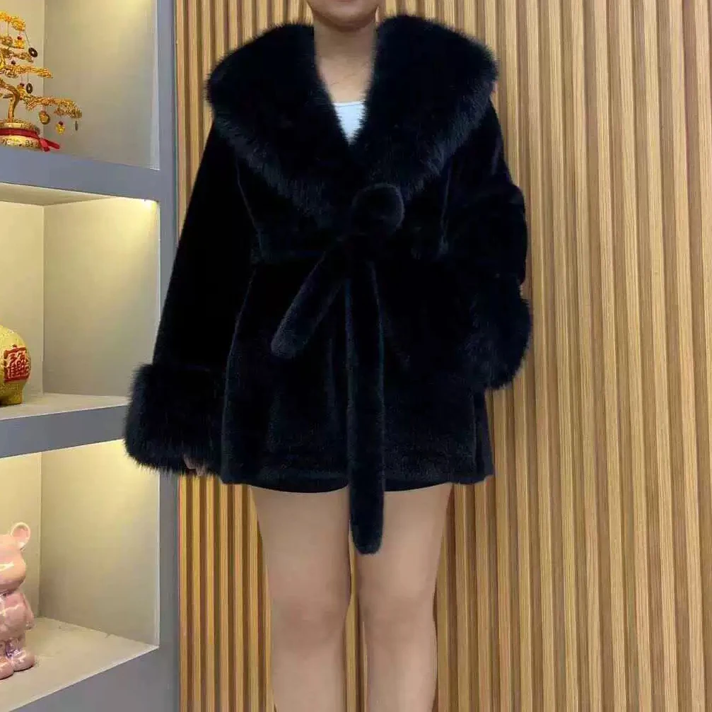 Winter women faux fur coat fake fur coat mink fur jacket with belt