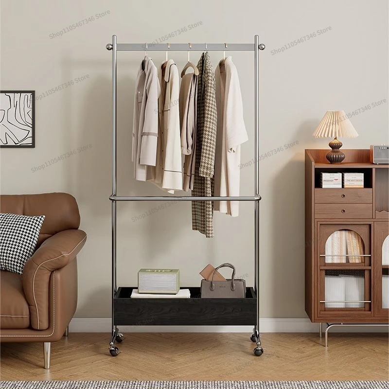 For Household Stainless Steel Coat Rack, Bedroom Floor with Storage Hanger, Movable Simple Clothes Rack