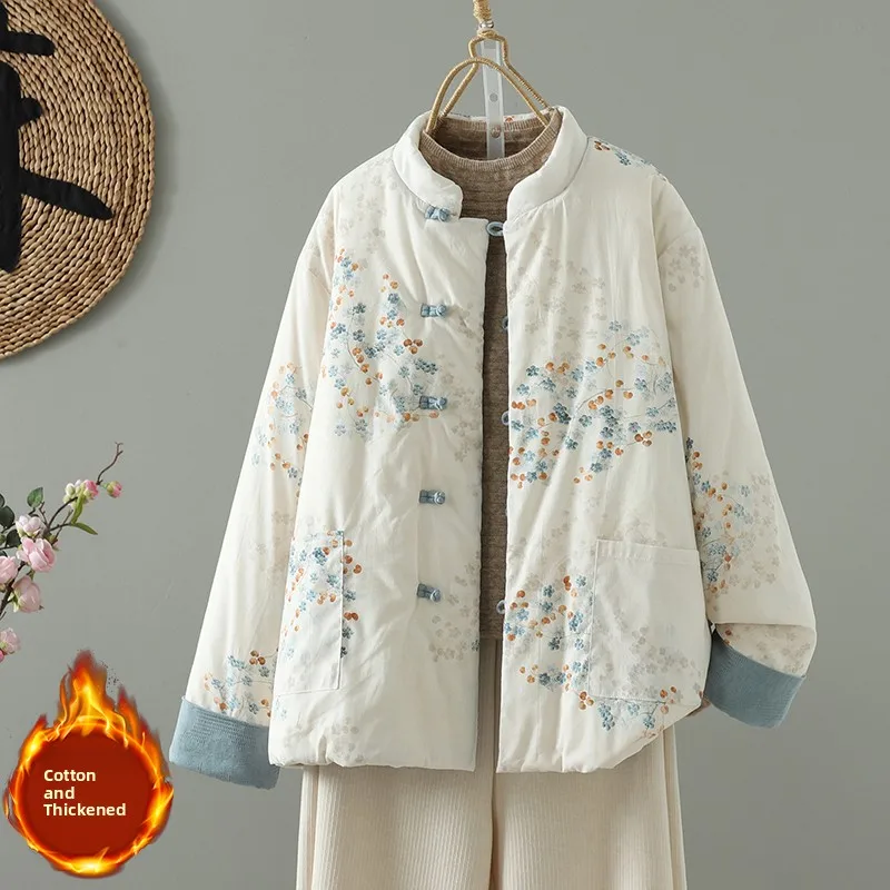

Lightweight Cotton Linen Jaet Chinese Sle Stand Collar Button up Warm Cotton Artistic Retro Small Cotton Coat for Women
