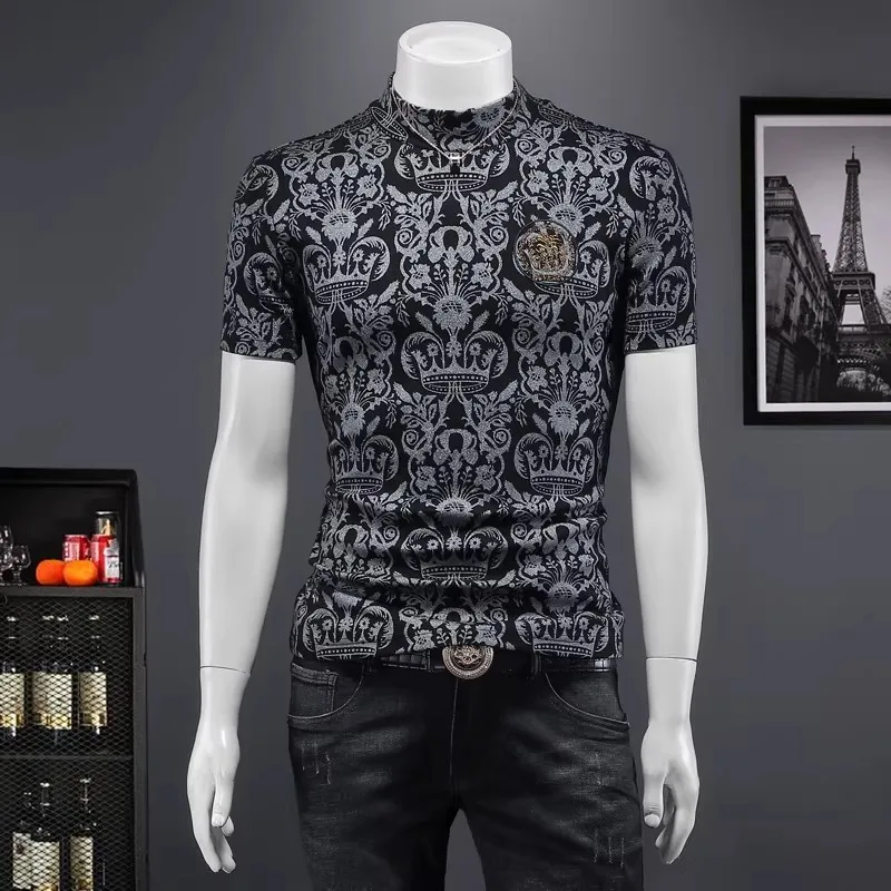 Men's Retro Print T-Shirt High Collar Thickened Short Sleeve Mid-Neck Base Shirt Personality Autumn Fashion Comfortable Fit