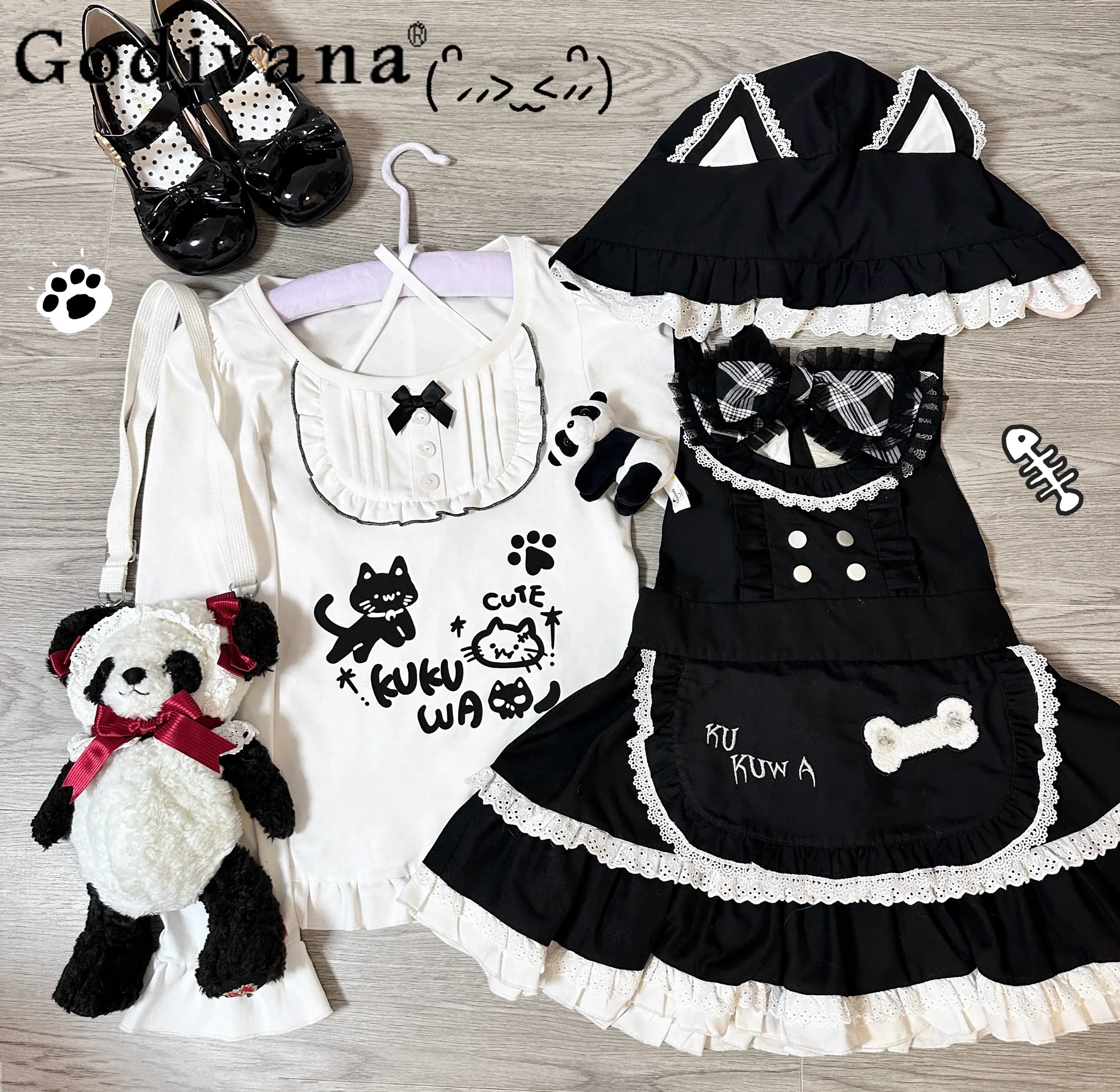 

Original Y2k Cute Print Long-sleeved White T-shirt Kawaii Cat Ear Lace Hat Strap Dress 2 Piece Set Women's Sweet Outfits Spring