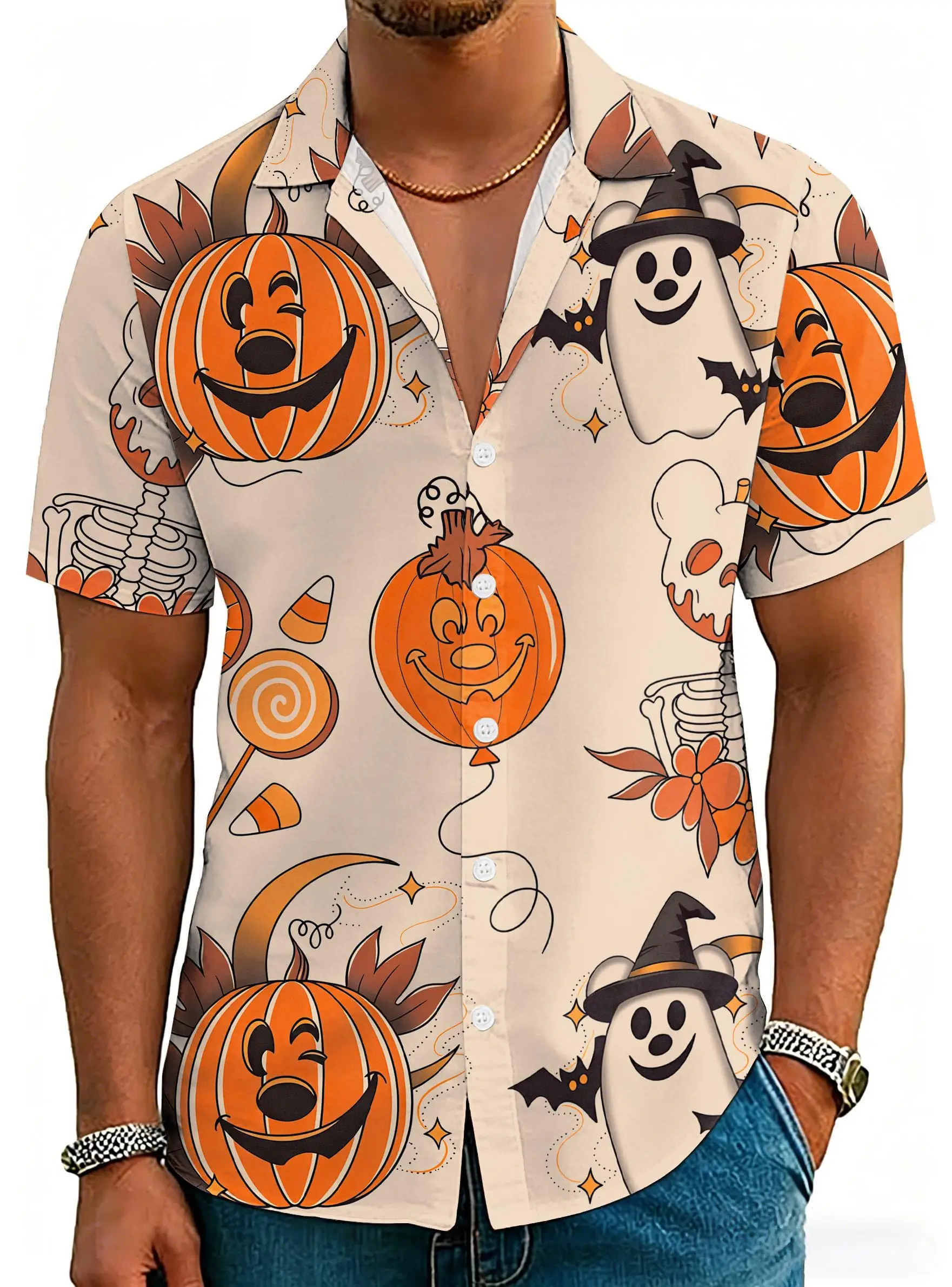 Men's Halloween Button up Shirt Evil Pumpkin Skull 3D Printing Novel Funny Holiday Party Men's Casual Street Short Sleeve Shirt