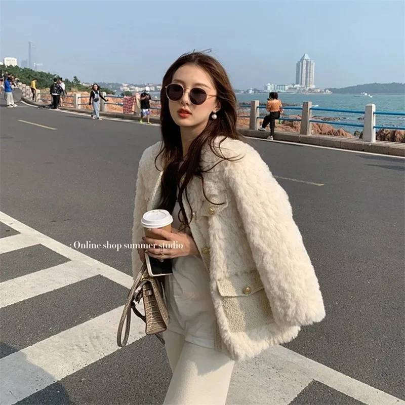 2023 Imitation Fur Small Fragrant Wind Winter Coat Women Advanced Fashion Rabbit Hair Thickened Round Neck Mesh Red Cotton Coat