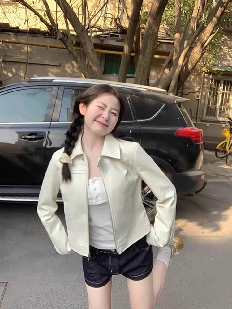 

Sweet Cool Biker Sle ort PU Leather Jaet Women's Casual Turn-down Collar Size Leisure Workwear Leather Coat