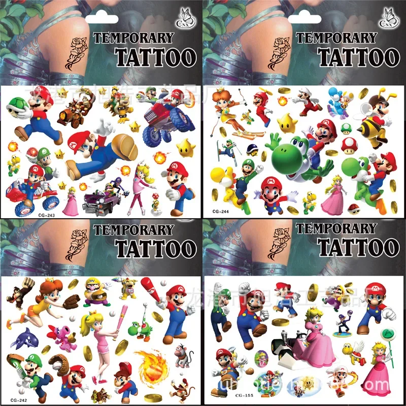 8styles Original Super Mary Series Tattoo Stickers Mario Bros Luigi Yoshi Anime Figure Cartoons Stickers Toys Kids Partys Gifts