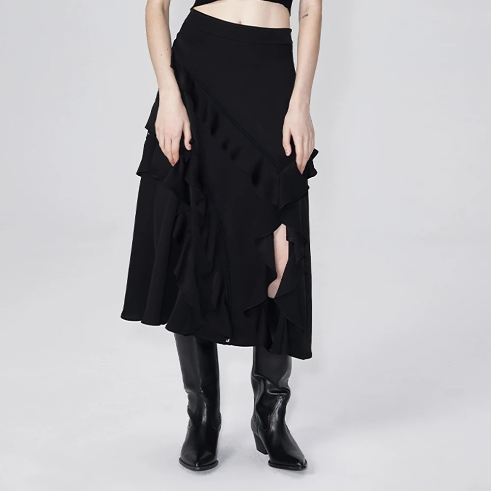 2024 Summer New Women's Skirt Y2k Lace Splicing Asymmetric Diagonal Cut Ruffle Slit Fashion Commuter Hundred A-line Skirt