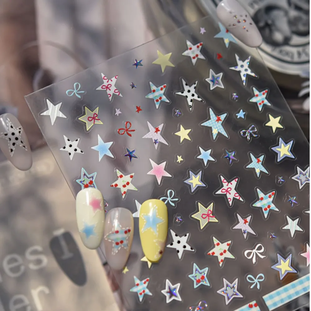 

5D Shiny Metal Grid Star Nail Stickers Colorful Five-pointef Star Bows Design Nail Art Decals DIY Self Adhesive Manicure Sticker
