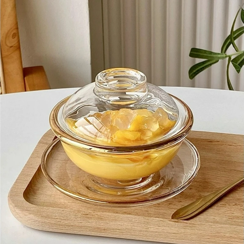 Creative Glass Bowl Simple Glass Bowls With Lid Dessert Bowl Transparent Oatmeal Breakfast Bowls Set With Saucer For Kitchen