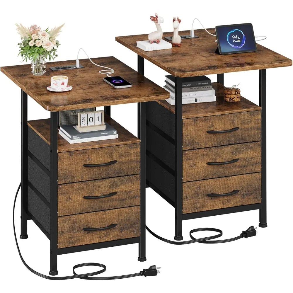 Bedside Table.Night Stand Set 2 with 19'' D Larger Tabletop and 3 Fabric Drawer, Bedside Tables with Fast Charging Station