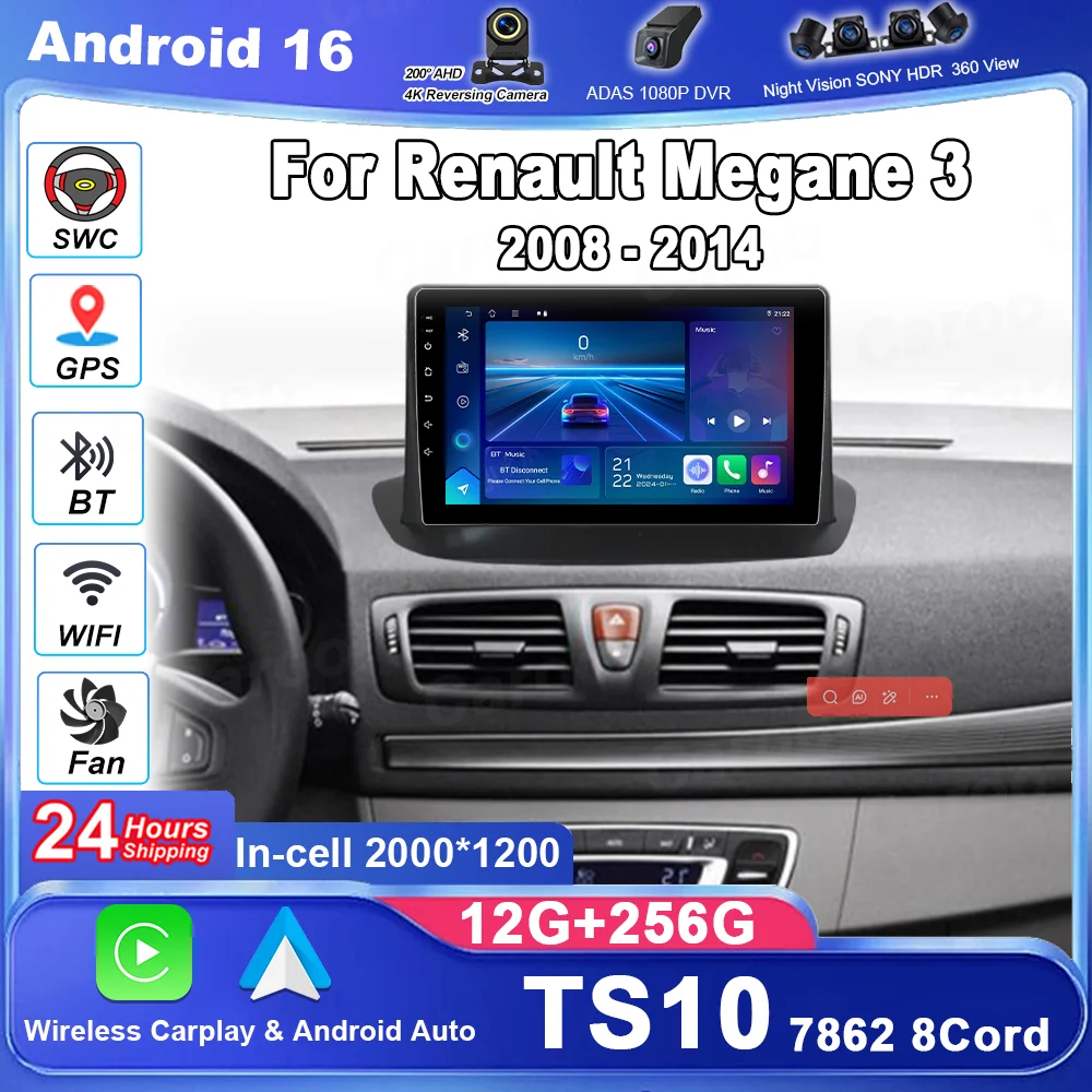 

Автомобильное радио с Carplay для Renault Megane 3 2008-2014, Android 16, мультимедийная система с видео, навигацией, GPS, стерео, головное устройство, без DVD, 2din