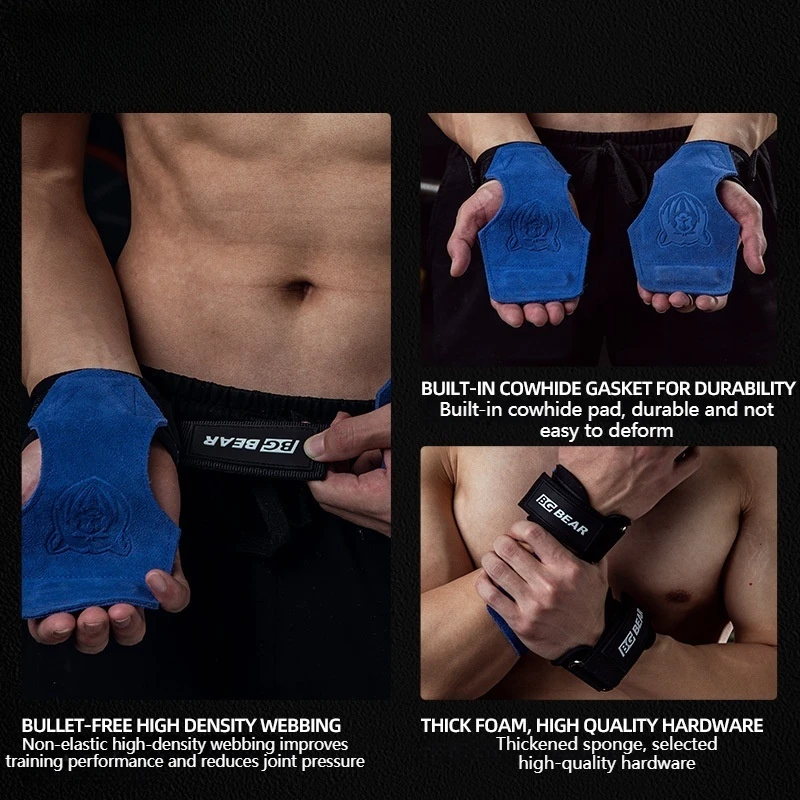 Genuine Leather Lifting Palm Protection Gym Gloves Pull Up Assist Wrist Support Bear Motif Cowhide Weightlifting Equipment