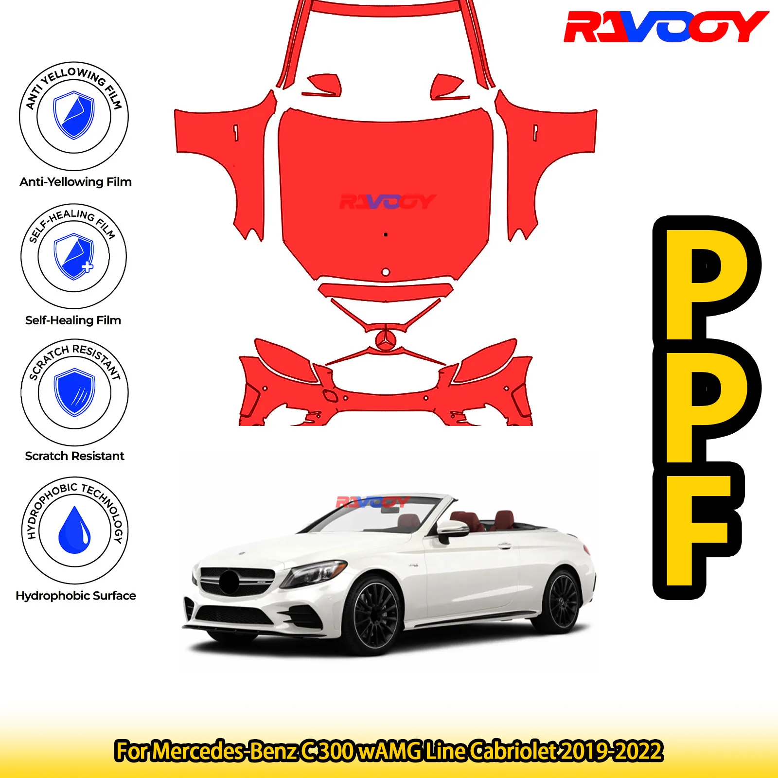 

For Mercedes-Benz C 300 wAMG Line Cabriolet 2019-2022 Glossy Matte Black Precut front PPF Kit Paint Protection Film