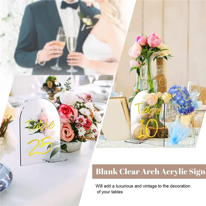 حار 25 مجموعات 4x6 بوصة واضح قوس الاكريليك تسجيل مع حامل فارغة مقوس جولة أعلى ورقة قوس الجدول أرقام لحفل الزفاف