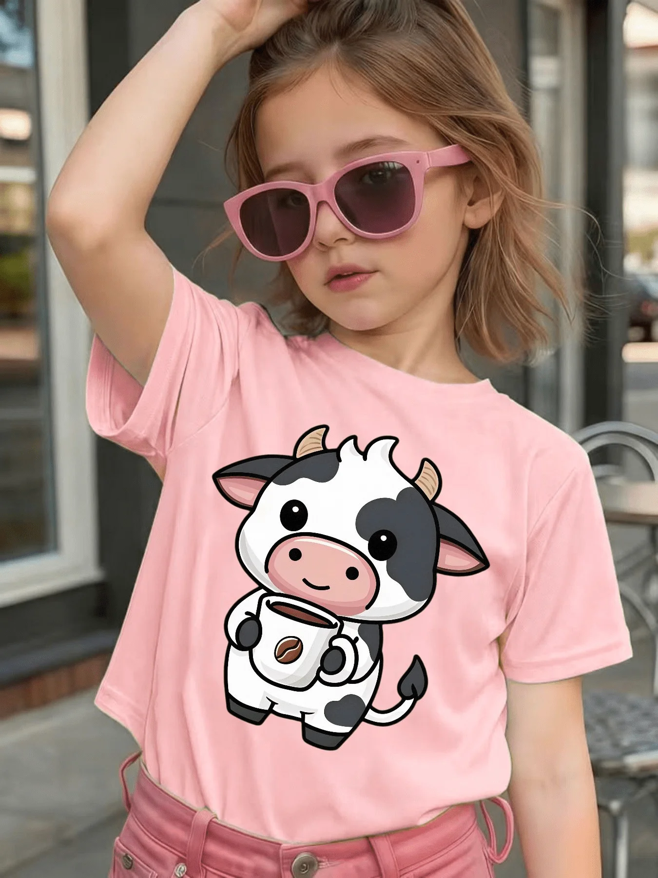 Cute Little Cow Holding Coffee Cartoon Graphic Kids Tee Boys Girls Family Matching Cotton Crew Neck Short Sleeve Soft Summer Tee