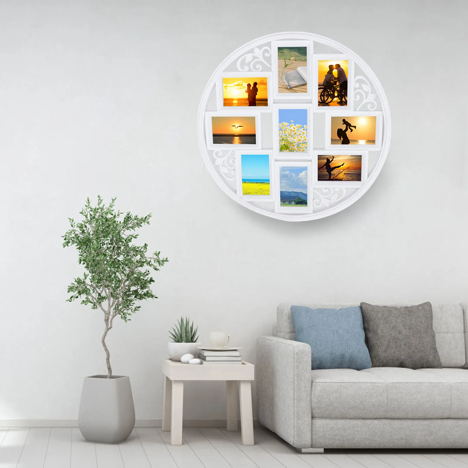 Wall Collage Picture Frames Round Circular Wall hanging Picture Photo Collage Frame with Leaf Decoration Living Room Bedroom