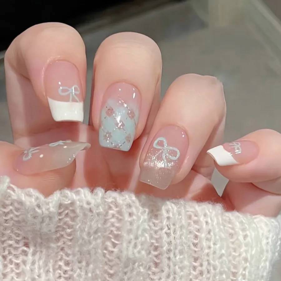 

24PCS Sweet Cat Eye False Nails with Blue Bow Polka Dots Prints French Press on Nails Tips Acrylic Wearable Fake Nails for Girls