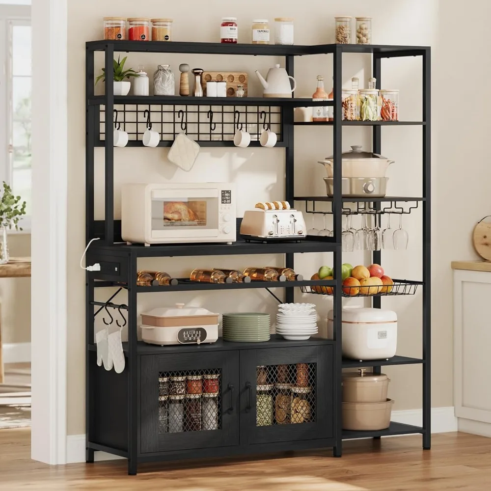 

Bakers Rack with Power Outlet, 47.2in Microwave Stand with Storage Shelves, Coffee Bar with Cabinet, Kitchen Pantry Hutch, Side