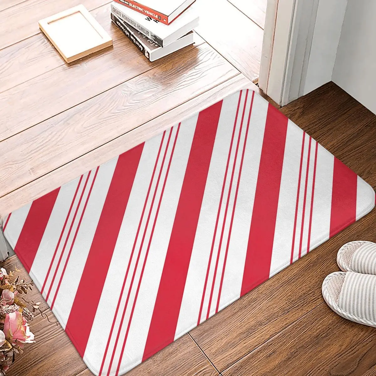 Red Diagonal Stripes Doormat Non-Slip Entrance Kitchen Bathroom Floor Door Mats Garage Rug Carpet Footpad