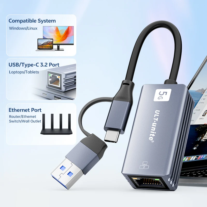 5 Gbps USB naar Ethernet-adapter, 5000 Mbps USB-C naar RJ45-netwerkconverter, 2-in-1 Type C 5 Gbps Ethernet-kaart voor Windows, Mac OS