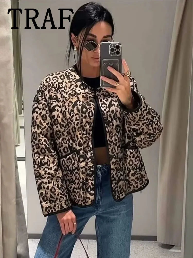 TRAF Women Vintage Leopard Print Cropped Parka Coat 2024 Autumn Winter Jackets For Women Long Sleeve Streetwear New Outerwear