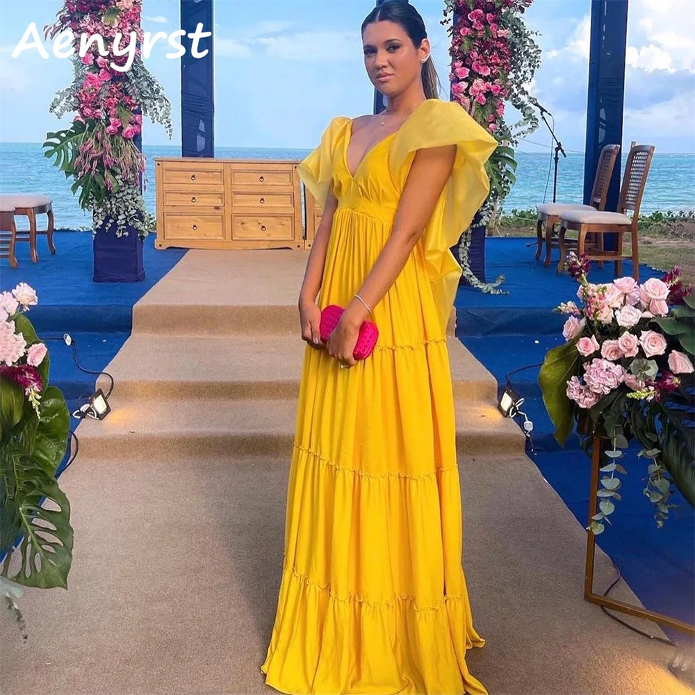 

Aenryst Yellow V Neck Ruffles A Line Prom Dresses For Women Draped Backless Evening Dress Floor Length Party Gowns Custom Made