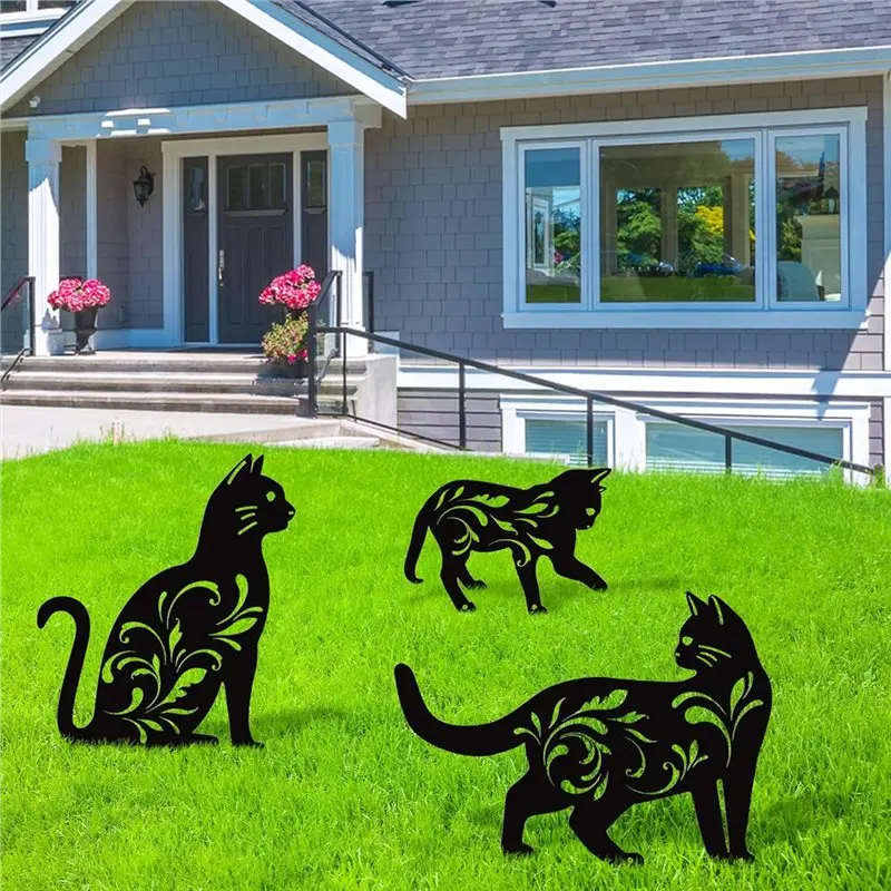 WORTHOWN-Garden Outdoor Animal Stakes 3 Pack Metal Cat Garden Statues Cat Silhouette Decorative Stakes