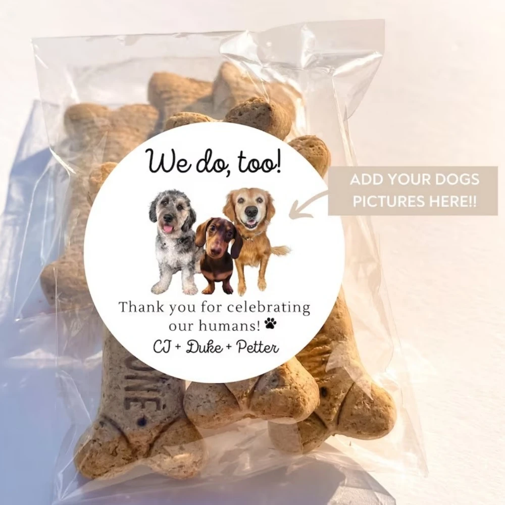 Personalized Wedding Stickers and Treat Bags, Doggie Goodie Bag, Pet Photo Favor, Custom Text, 50Pcs