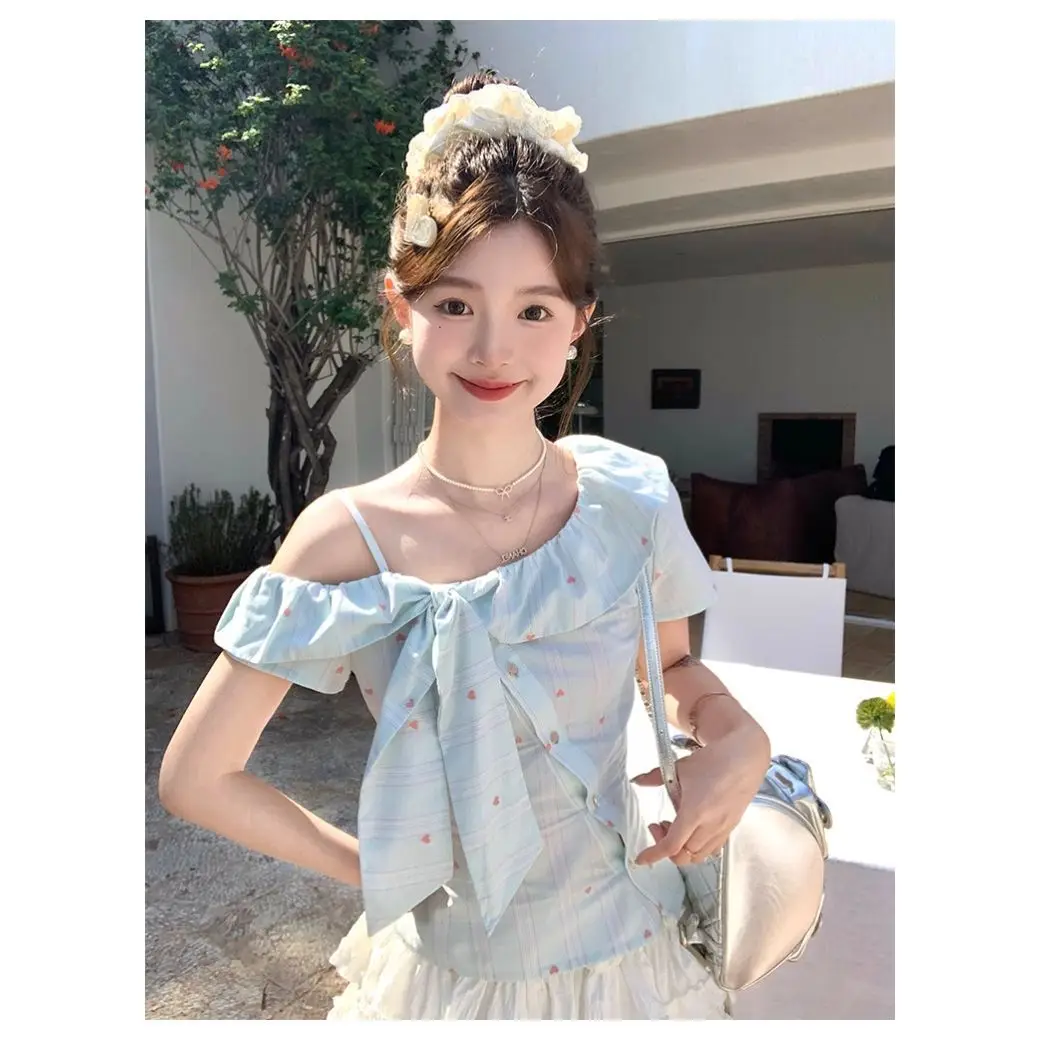 Kimotimo Sweet Off Shoulder Ruffle Striped Print Shirt Women Summer Short Sleeve Slim Button Crop Top Fashion Y2k Beach Blouse