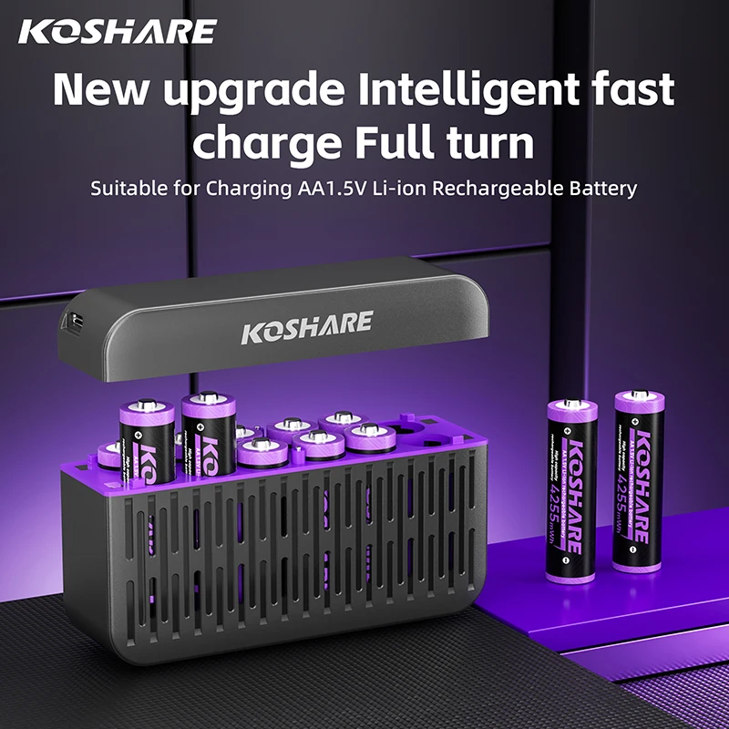 

KOSHARE 1.5V AA Li-ion Rechargeable Batteries 4255mWh Charging Set With 12-Slot LED Indicator Smart Lithium-ion Battery Charger