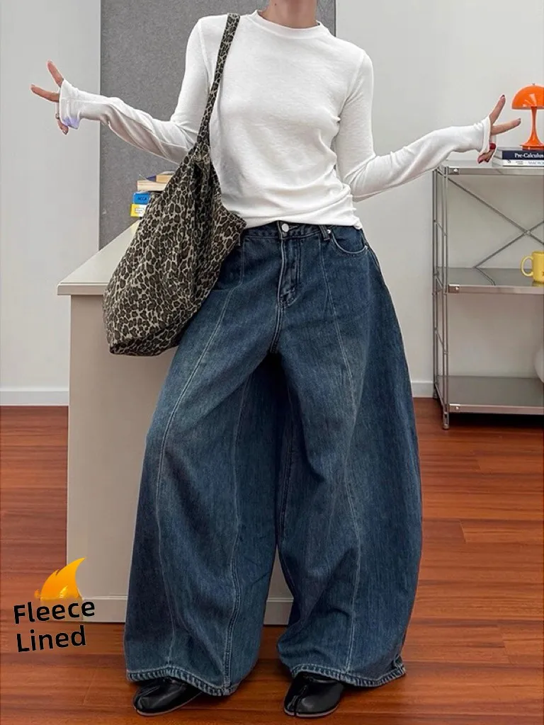 

Американские джинсы свободного кроя с флисовой подкладкой, женские, осенне-зимние, новые, в уличном стиле, для создания расслабленного образа, повседневные, свободные, длинные брюки