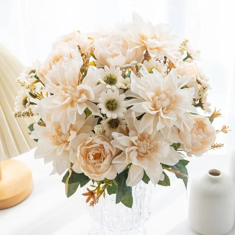 Künstliche Blumen aus Seide, Bestseller Dahlie Rose Gänseblümchen Valentinstag Gartenbogen Hochzeitsbrautstrauß Raumdekoration DIY Geschenk Vasen