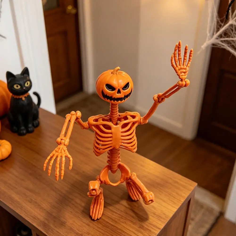 Posable 40cm Pumpkin Head Skeleton Figurine with Movable Joints Hanging Lanyard Halloween Decoration Spooky Bone Prop for Party