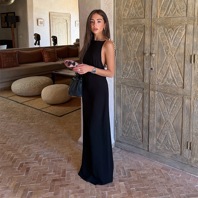 Elegant Beads Backless Black Women's Summer Dress Square Collar Sleeveless Beach Sling Sundress 2026 Lady Holiday Party Robes