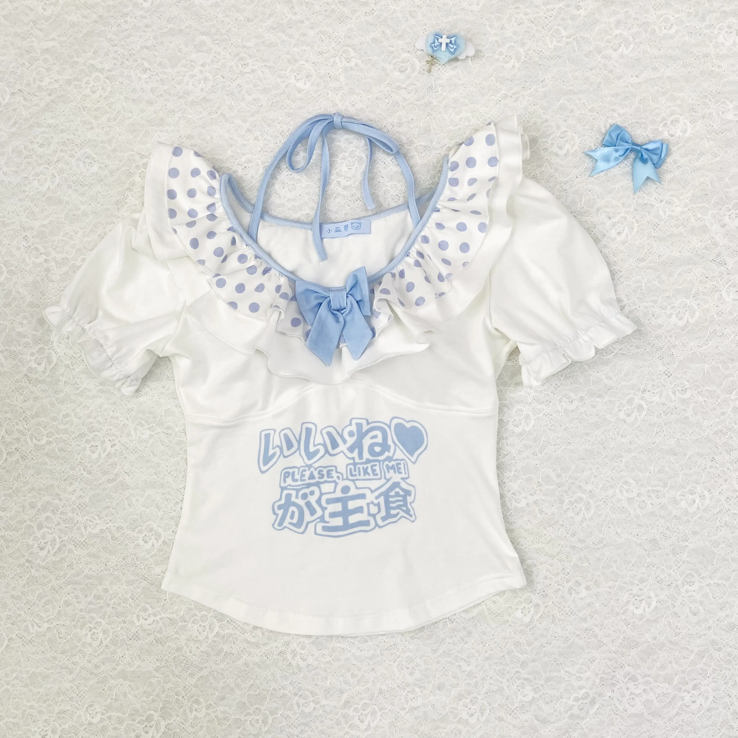 Original Super Sweet Water Color Polka Dot Suspender Vest Cute Soft Girl Printing Short Sleeve T-shirt Bows White T Shirt Women