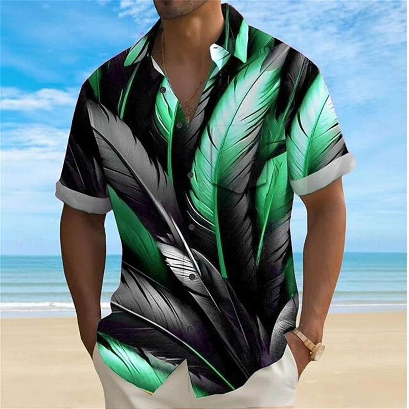 3D Printed Feather Pattern Hawaiian Shirt New Men's Shirt Summer Casual Short Sleeved Quick Drying Loose Clothing