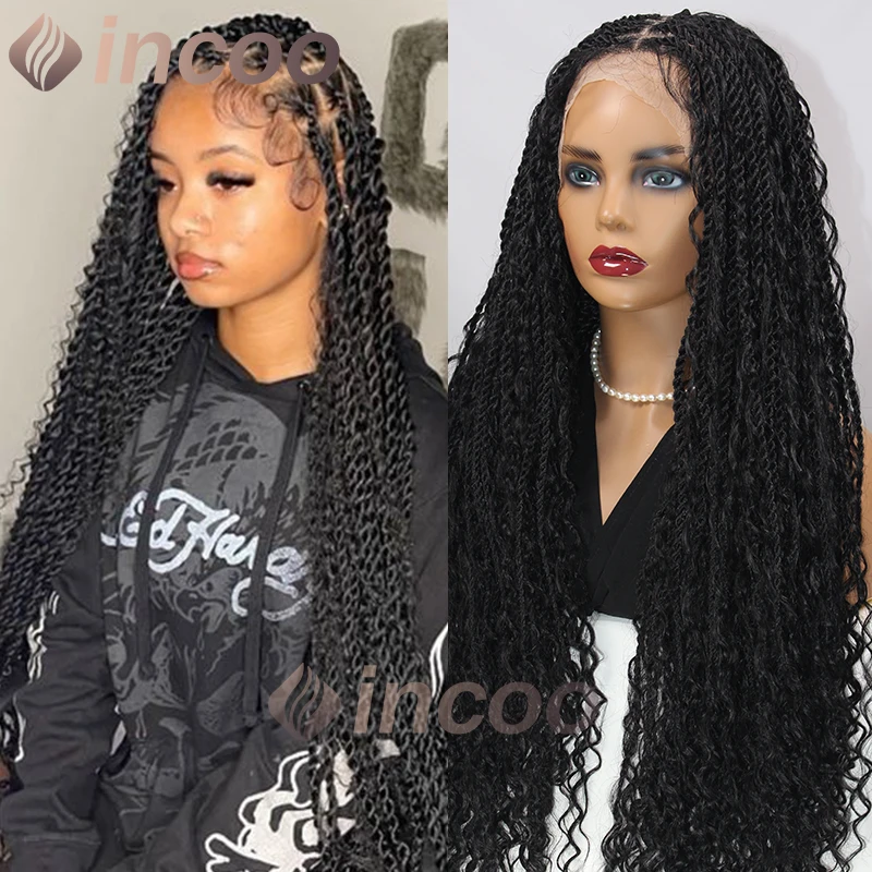 Synthetische Boheemse vlechtpruik voor Afro-vrouwen 32 inch Senegalese twist-vlechtenpruik met krullend uiteinde Full Lace Box gevlochten godinpruik