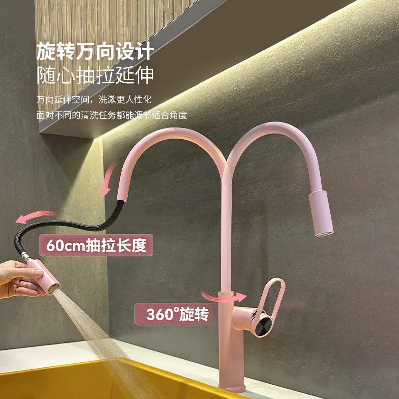 Deck Mounted Bathroom Pull Down Faucet Two Function RV Washroom Sink Faucet Modern One Hole Hot and Cold Mixer Tap Pink