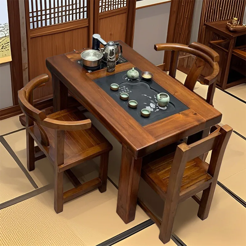 

Old boat wood balcony small tea table and chair combination living room pure solid wood coffee table tea table