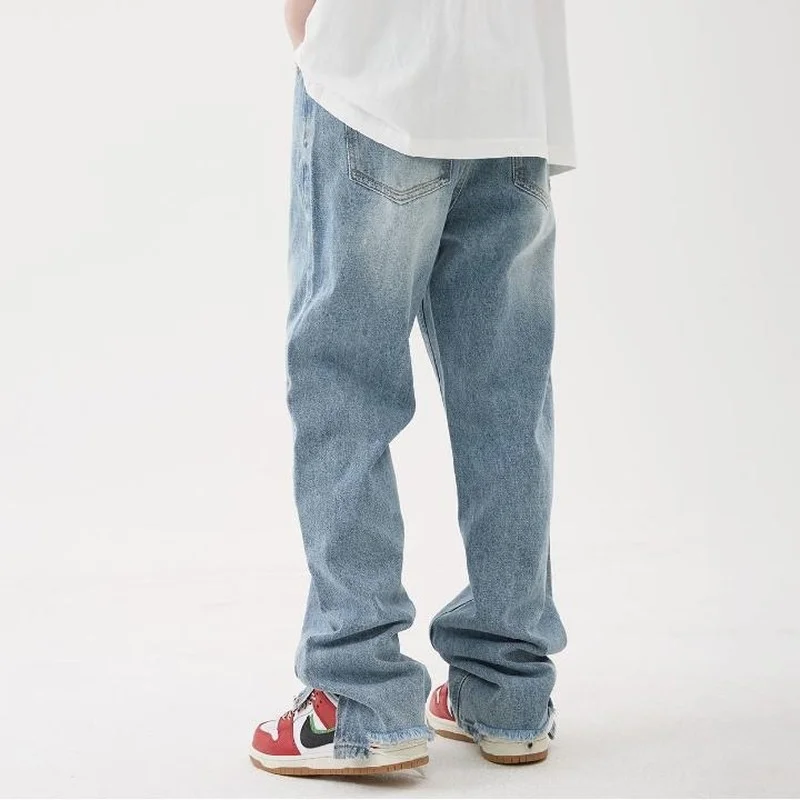 2022 New American Slit Jeans Spring Light Blue Casual Men's Pants Street Style Falling Feeling Ground Dragging Straight Jeans