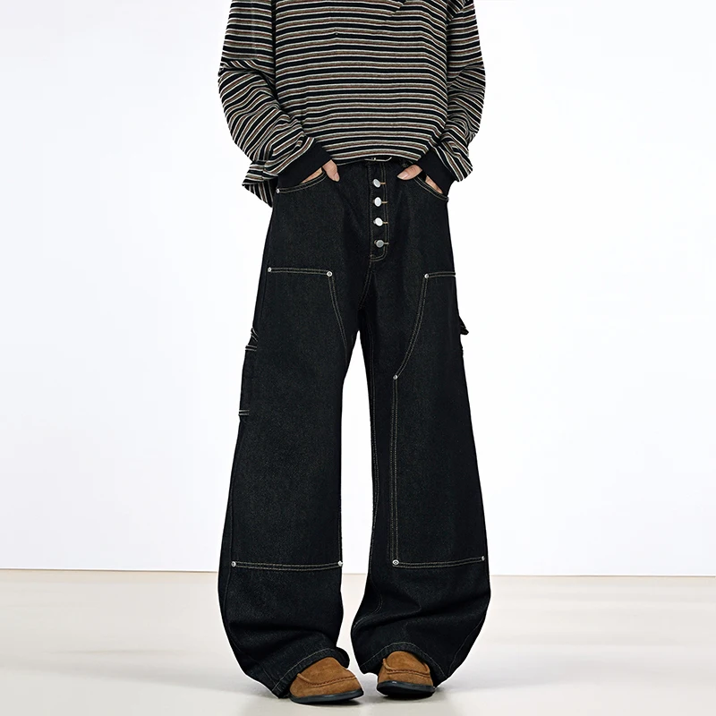 Vintage Men's Jeans Breasted Design Solid Color Patchwork All-match Straight Wide Leg Loose Male Denim Pants Spring Autumn
