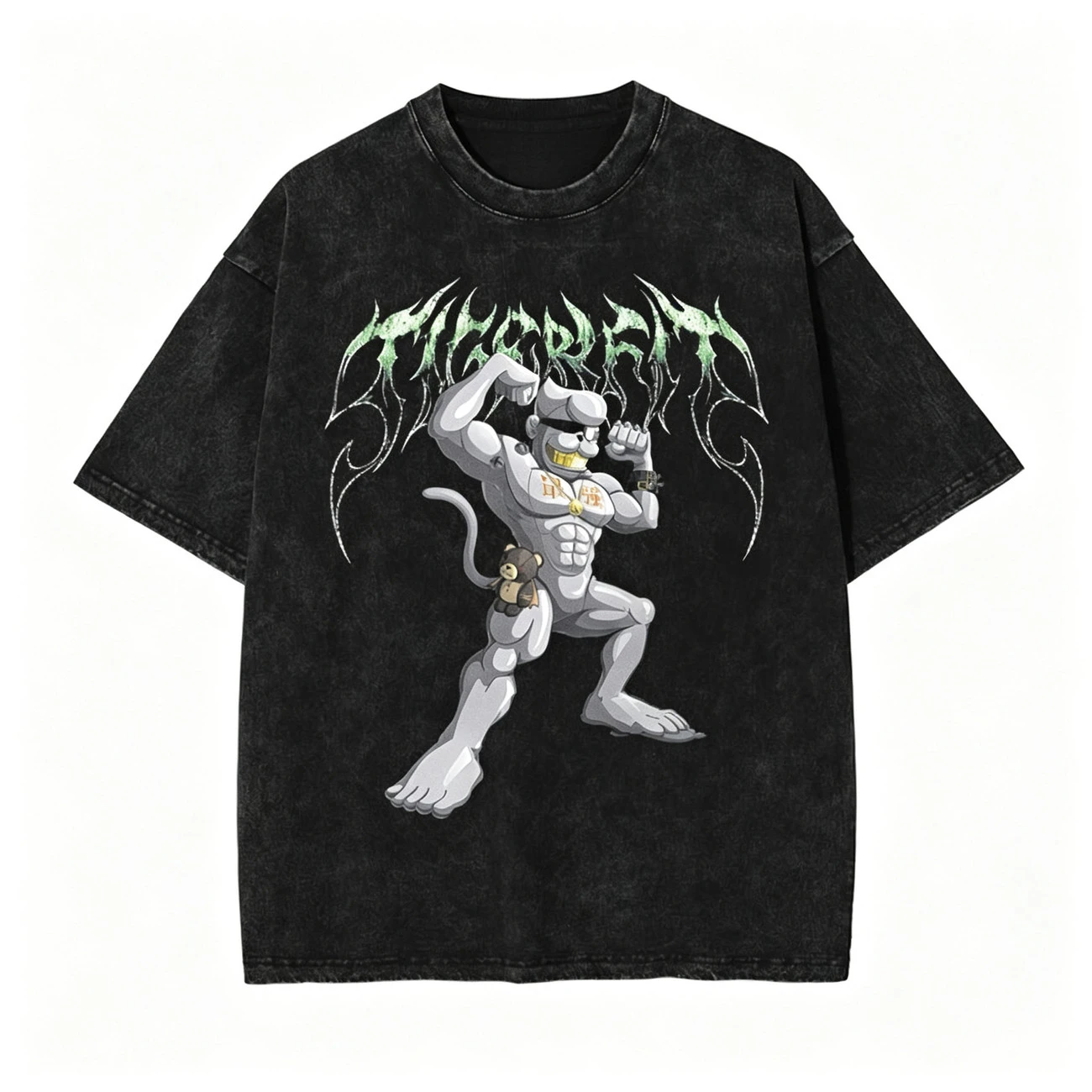Y2k Digimon Tengu Death Metal Font Printed Retro Washed Distressed Short-sleeved T-shirts for Men and Women Made of Cotton