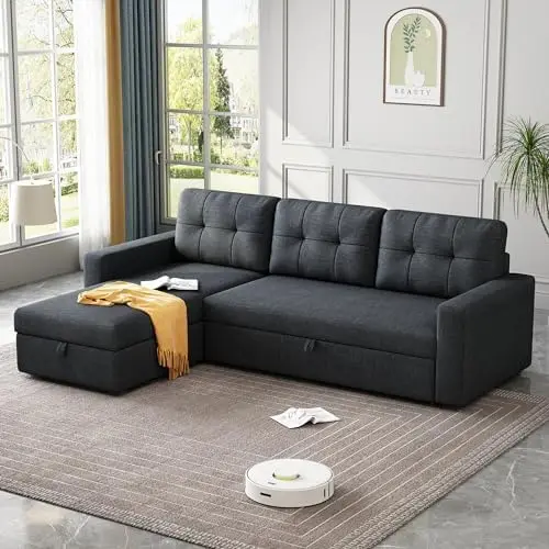 Jintop 81.5'' L-Shape Sleeper Sectional Sofa with Storage Chaise and Pull, Living Room Convertible Couch Bed,W/ 3 Back Cushions