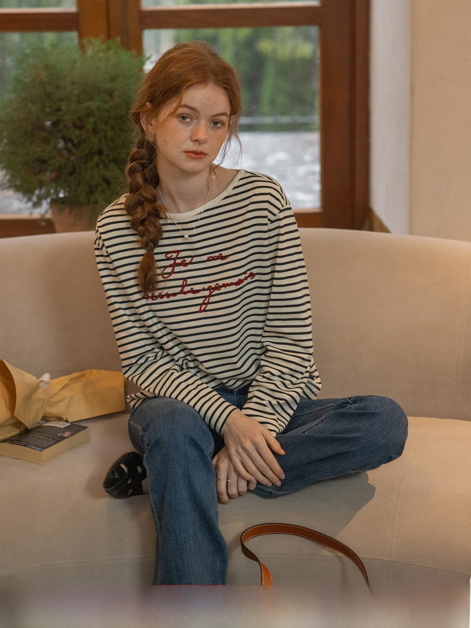 

Dailyart Loose Fit Long Sve T-irt Cotton Polyester Blend Zipper Closure One oulder Design Striped Chain Towel Embroidery