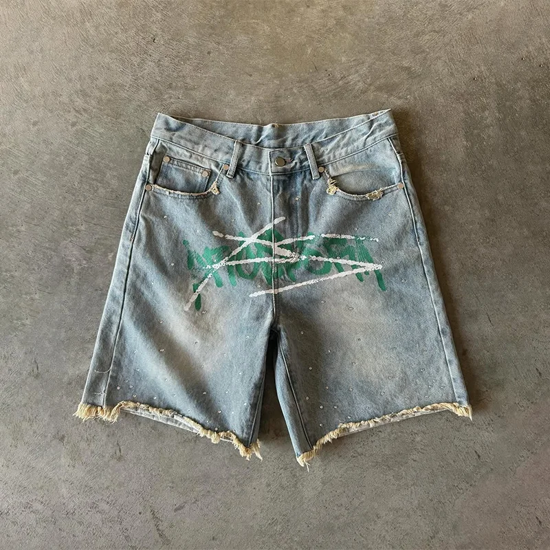 

American Fashion Trend Letter Printing Splicing Patches Denim Shorts Y2K Gothic Hip Hop Men Women Punk Vintage Wide Leg Pants