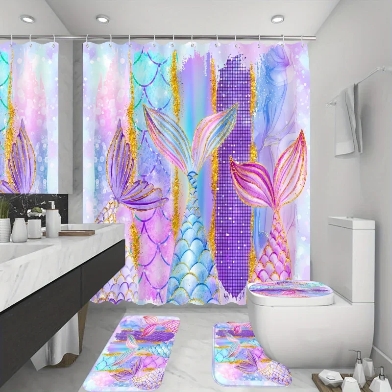 4PCs mermaid tails shower curtain set, waterproof shower curtain with 12 hooks, non-slip bathroom rug, toilet U-shape mat, toi