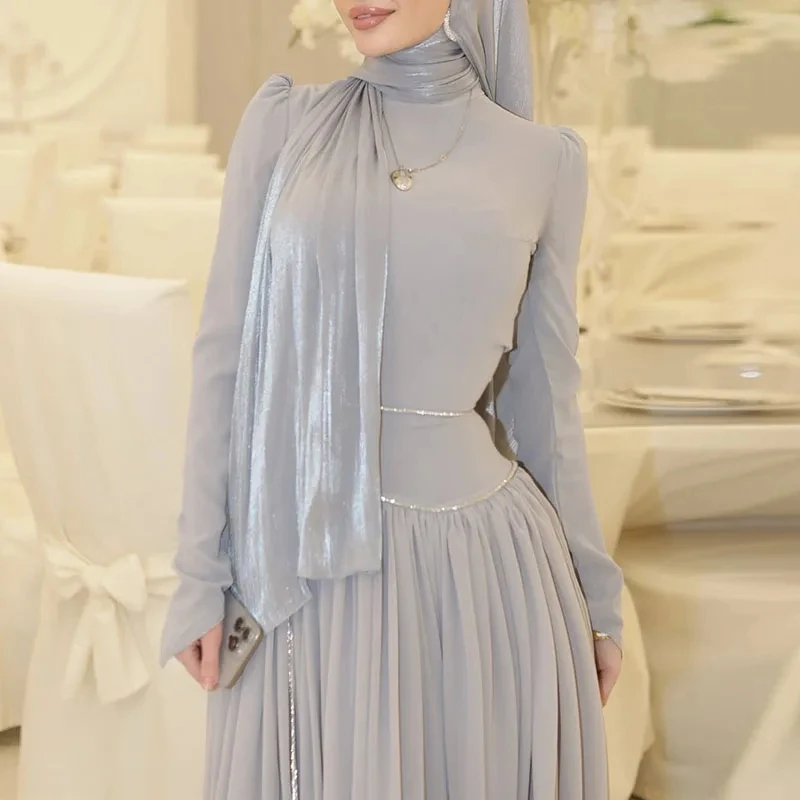 

Temperament Simple Swing Dress Muslim New Solid Color Pleated Evening Dress With Scarf Elegant Lady Long Sleeve Slim Party Dress
