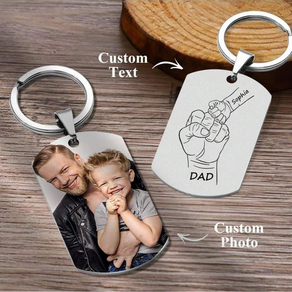 Customized Photo Engraved Text Keychain with Double Sided Picture and Text Stainless Steel Keychain for Father's Day Gift 2024